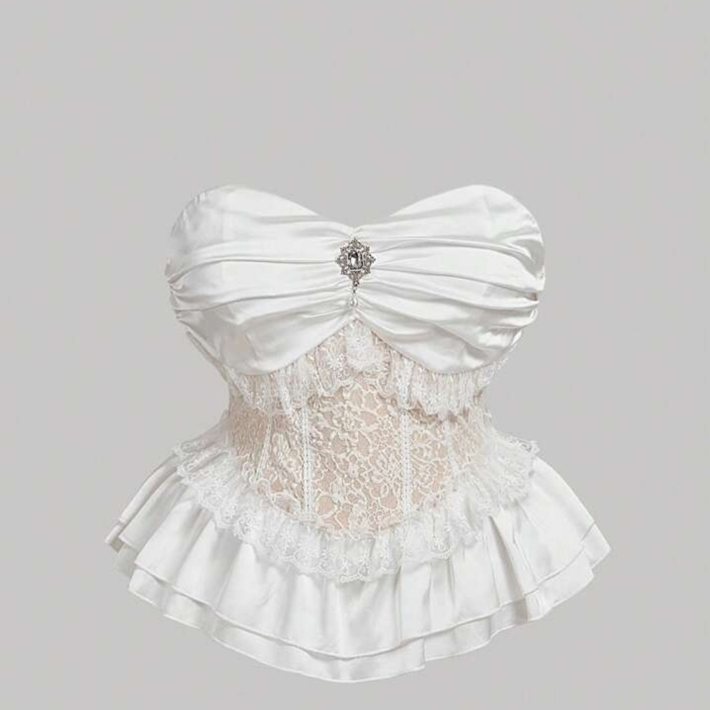 SHEIN White And Cream Lace Ruched Camisole
